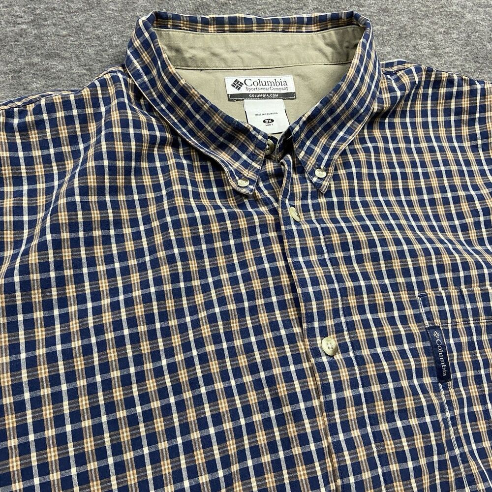 Columbia Shirt Men’s 3X Brown Blue Plaid Check Long Sleeve Button Down